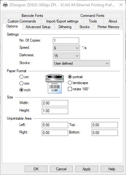 Example Screenshot of Zebra Desktop Printer Driver Configuration Setup in Windows for a 2